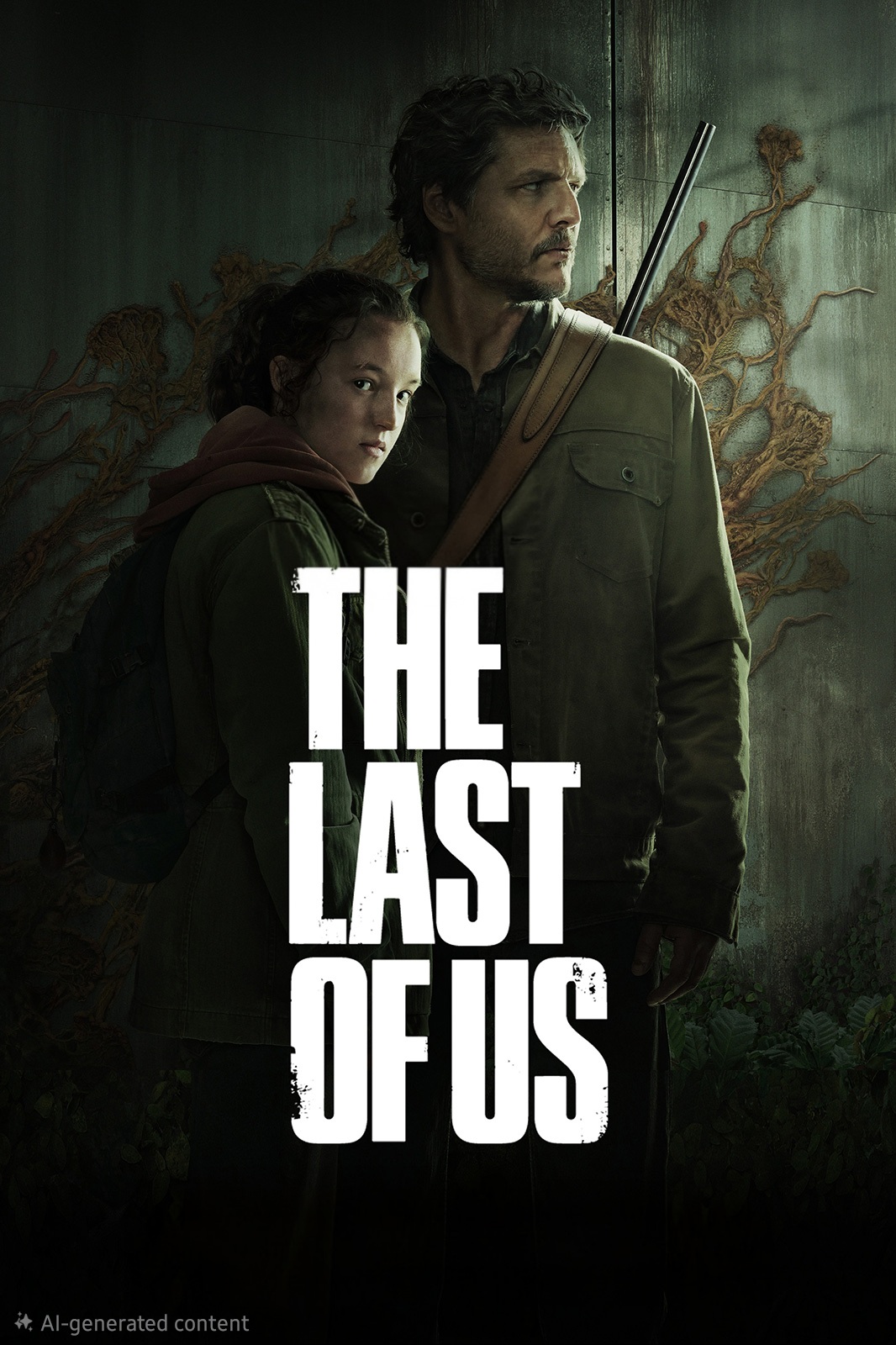 A man with a rifle and a young girl stand close together in front of a wall covered with vines, their expressions tense in the dark atmosphere. Large text reads The Last of Us, evoking the suspenseful world that unfolds—now streaming on Croatia IPTV.