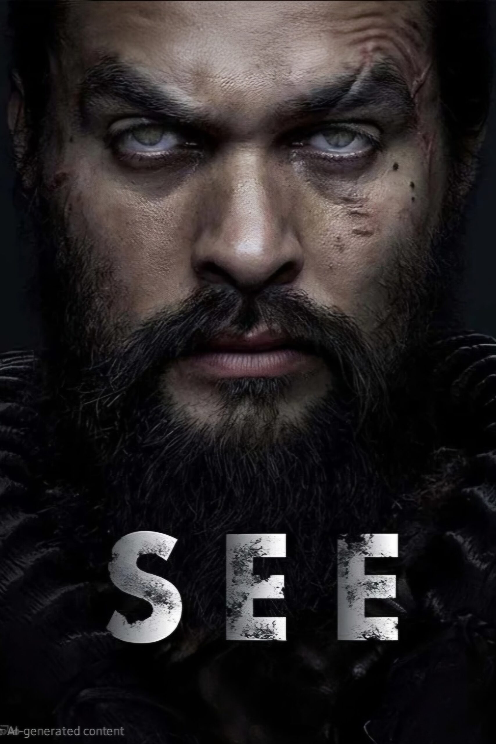 Close-up of a bearded man with scars and white eyes, looking intensely forward. The word SEE is displayed in bold, textured letters at the bottom of the image, evoking the sharp clarity one might experience with Croatia IPTV.