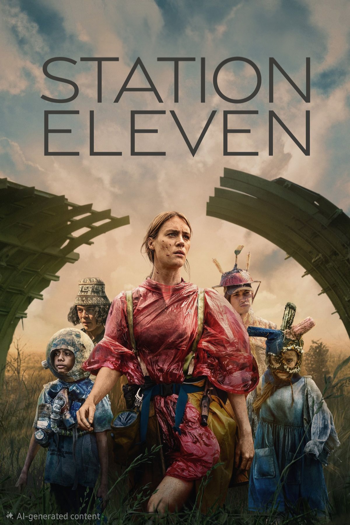 Four people, including a woman in a red poncho, stand amid tall grass under broken metal arches. Three children wear creative costumes. The sky is cloudy, and the words Station Eleven appear above them—capturing a scene as unique as the diverse programming available on Croatia IPTV.